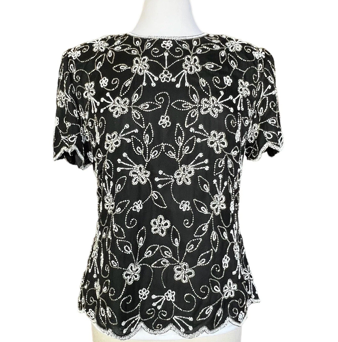 Vtg Laurence Kazar New York Evening Top Large Black Silver White Beaded Sequin