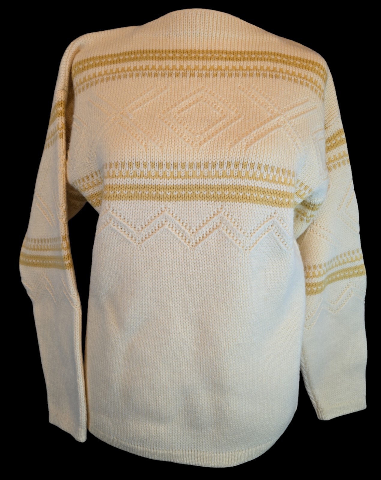 Vtg Meister Knit Womens M 100% Wool Sweater Austria Ivory Tan 3D Alpine Ski 70s