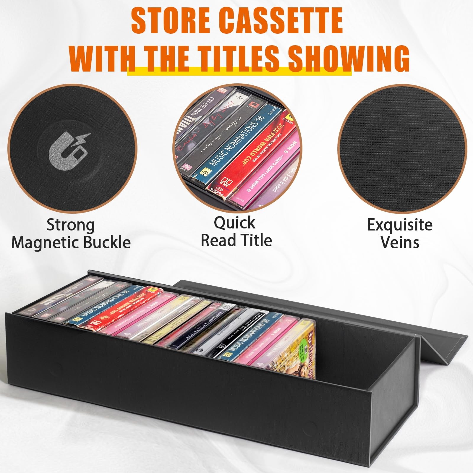tutata Cassette Tape Storage Box Holder 14.25×4.5×3″ – 20 Tapes Magnetic Closure