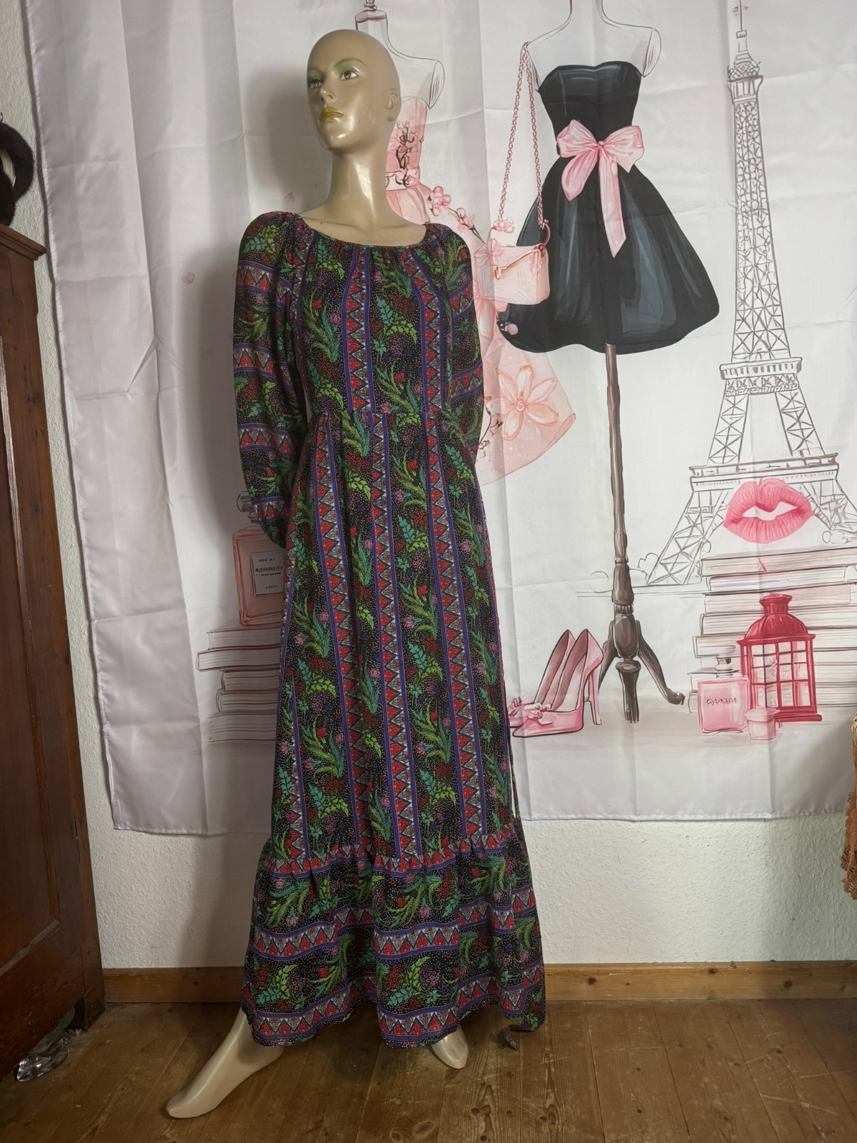 Vintage 70s Boho Maxi Dress Hippie Festival Dress Tricel XS S Floral