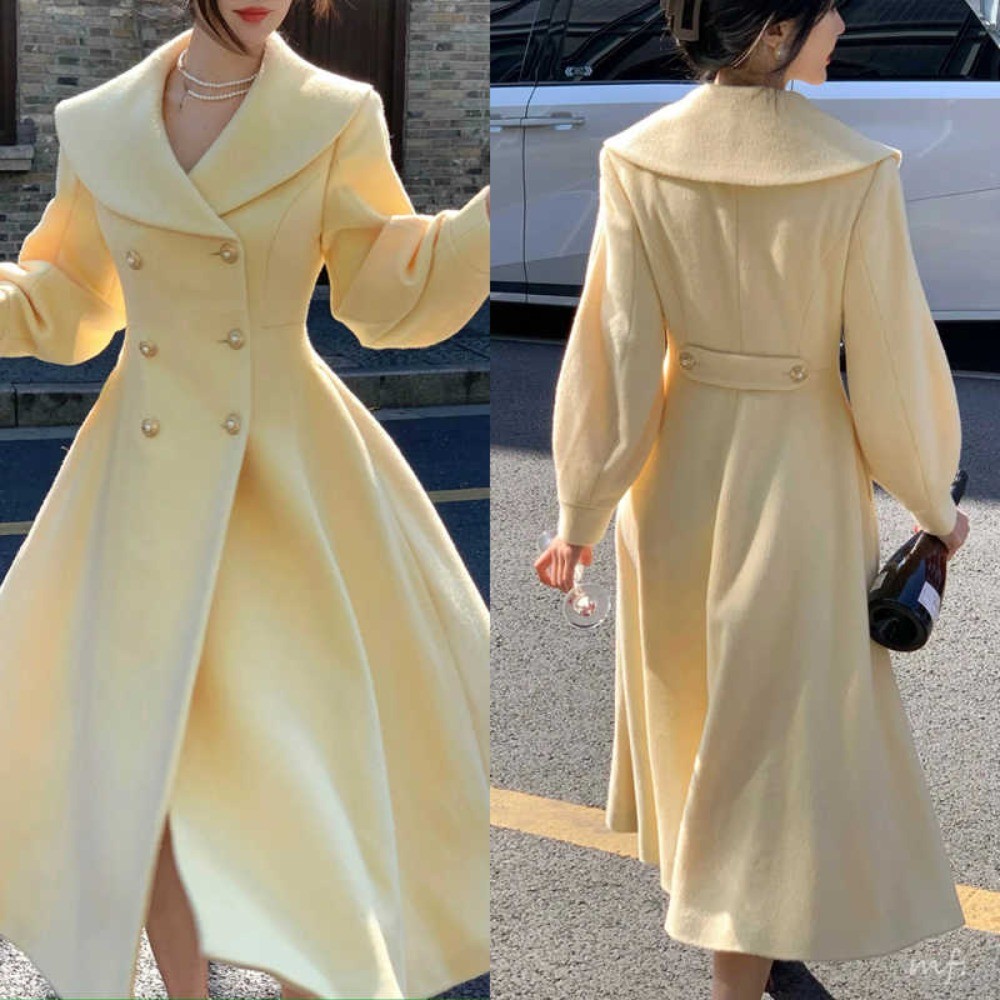 Ladies Yellow Coat Tweed Jacket Double Breasted Wide Hem Shawl Collar