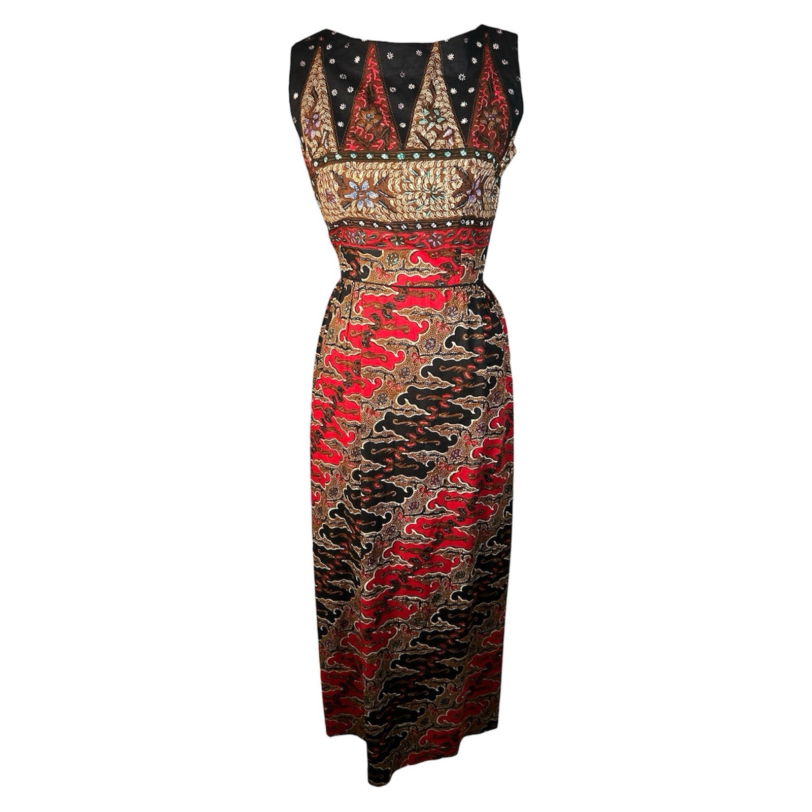 VTG 50s/60s Batik Border Print Bateau Neck Cotton Sheath Dress Womens Sz S