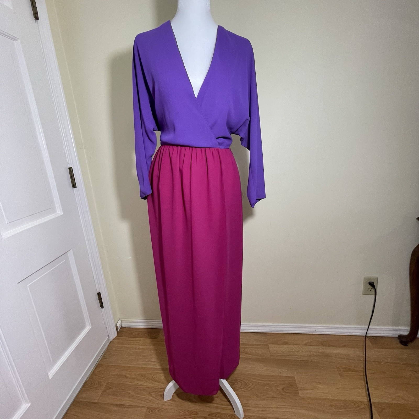 Vintage 60s Adele Simpson Dress Maxi Gown Sz XS S Color Block Wrap Evening Prom