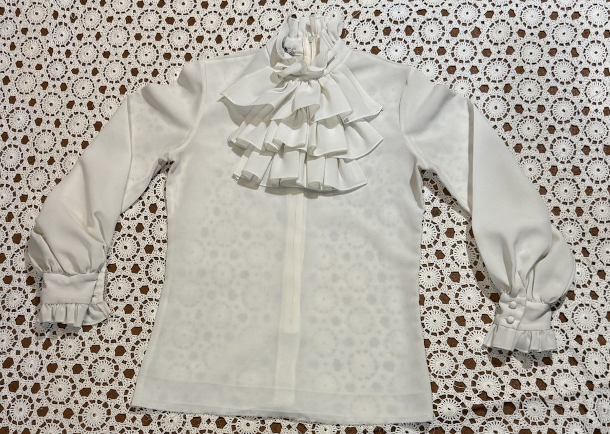 Vtg I. Magnin & Co victorian gothic ruffled poet blouse Bishop Sleeves Sheer