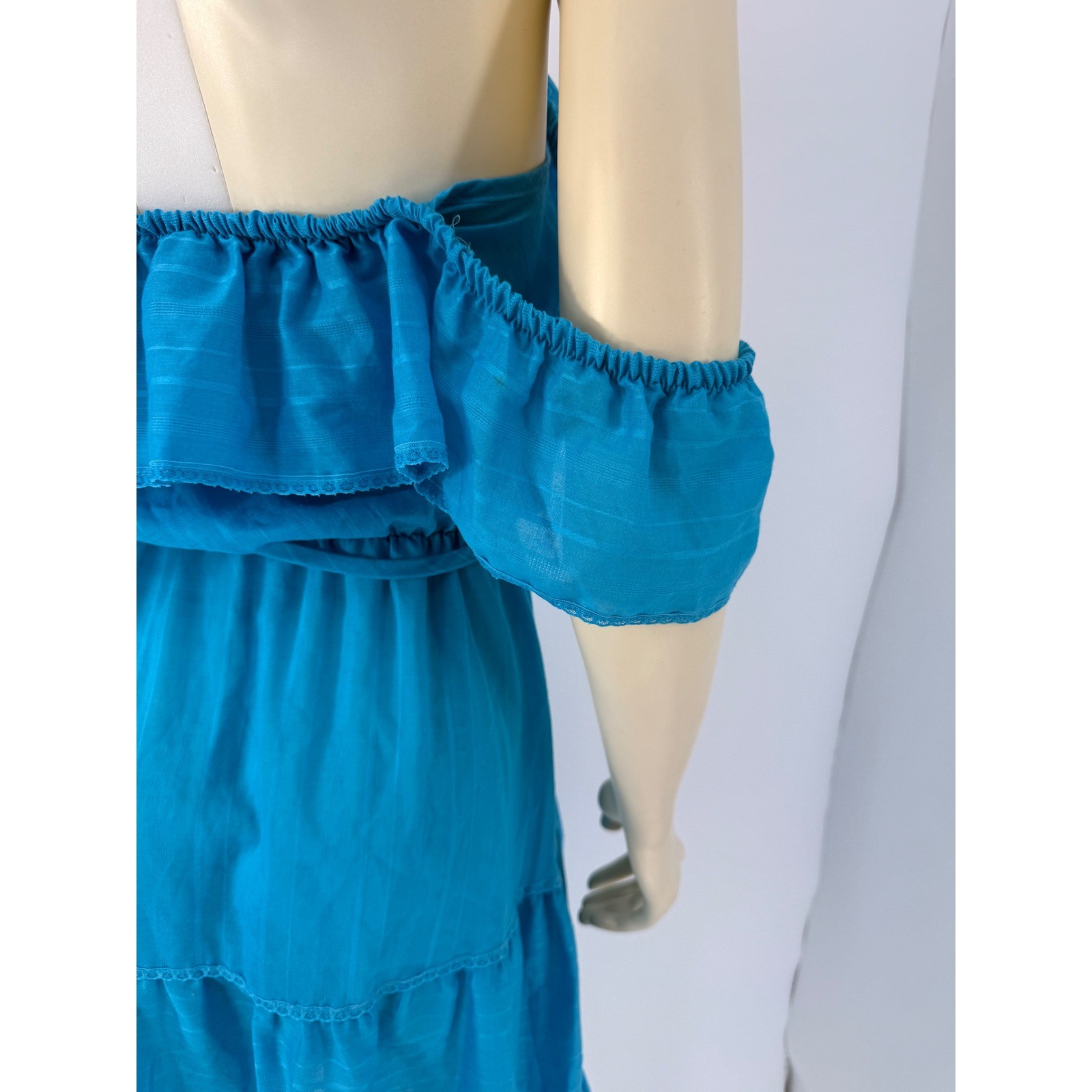 1970s Blue Off Shoulder Prairie Dress Cottagecore Boho Gauze Small