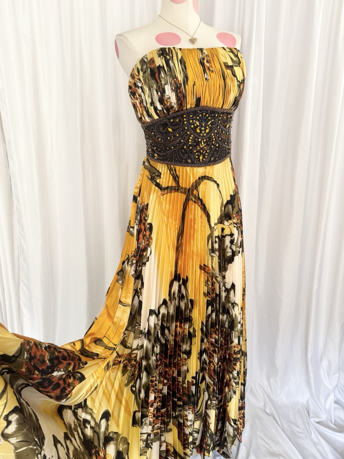 Vintage Yellow Leopard Floral Beaded Sequin Pleated Formal Gown Dress 14 Jovani