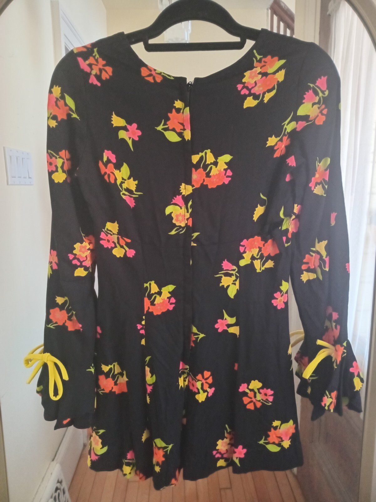 Vintage 60s Black Neon Pink Yellow Floral Mini Dress Mod Go Go Hippie Rare S