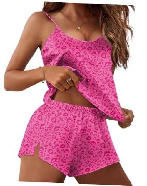 Silk Pajamas Set for Women Satin Lingerie Pjs Cami Top Small Rose Red Leopard