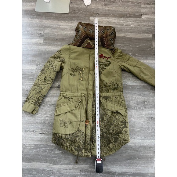 Desigual Vintage Y2K Olive Green Boho Graphic Parka Jacket 38