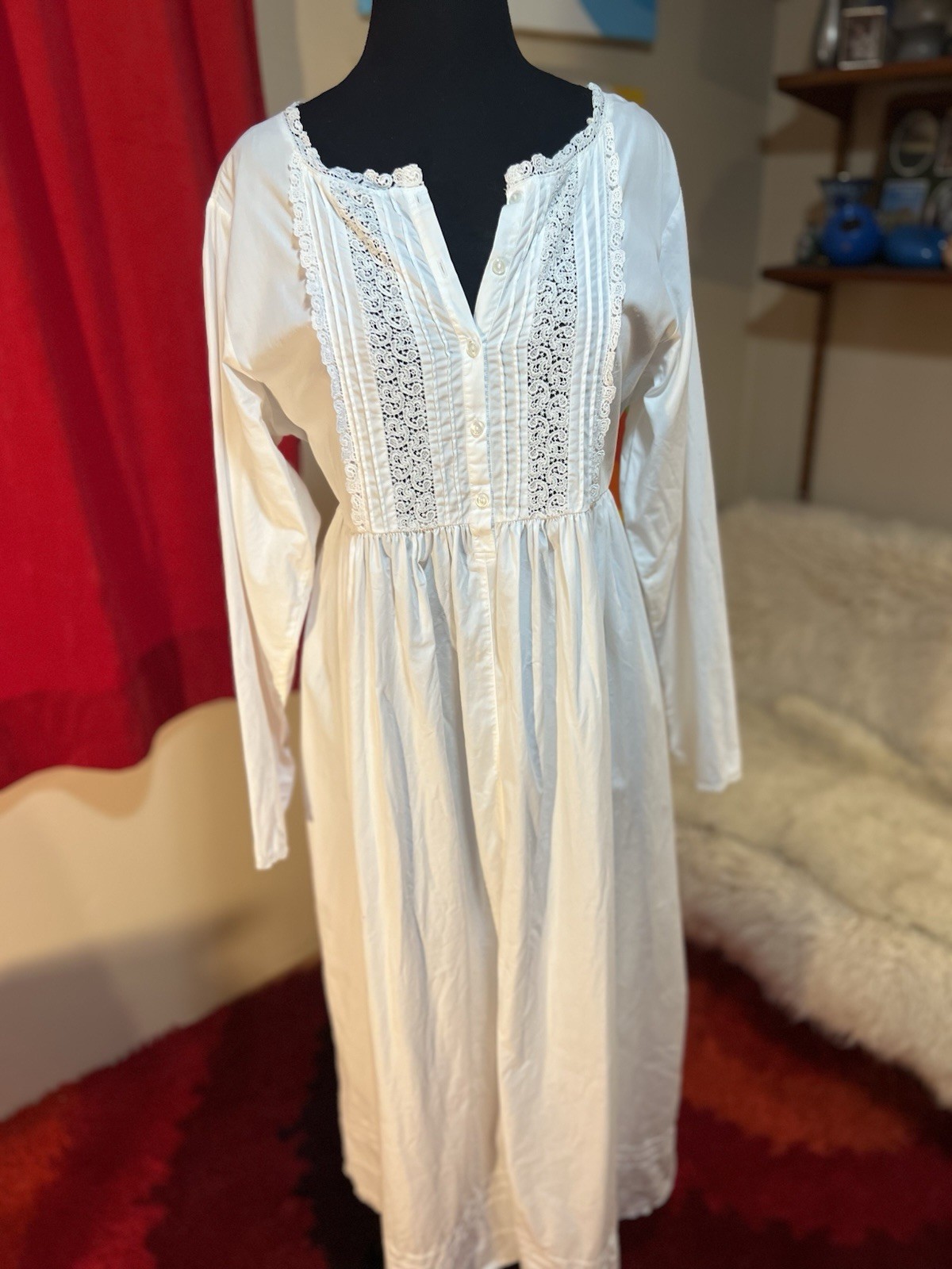 Vintage White Victorian Style Long Nightgown Dress Large Lands End