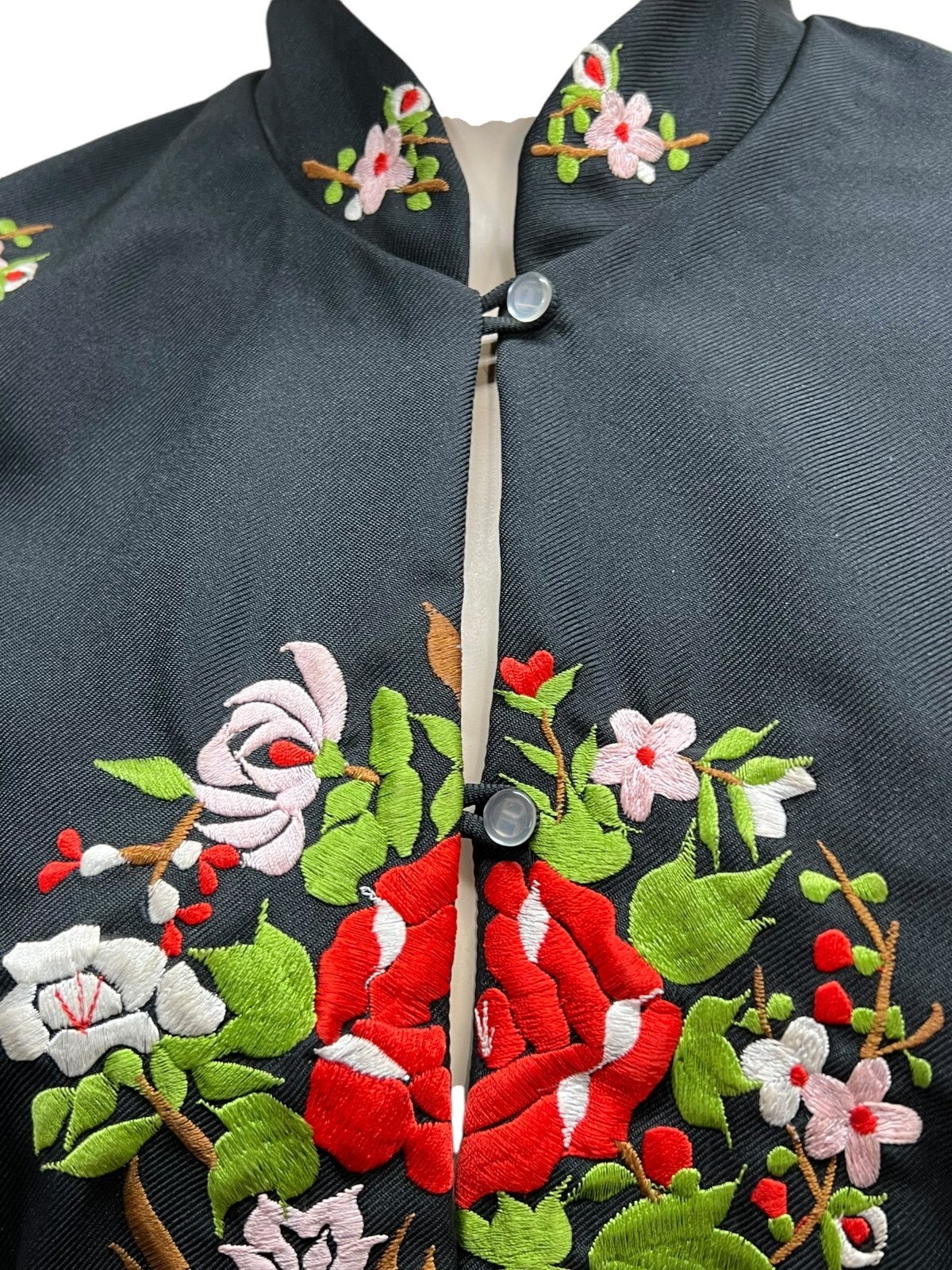 Vtg Sz S Oriental TUNIC Jacket Coat Hostess Robe Black Embroidered Philippines