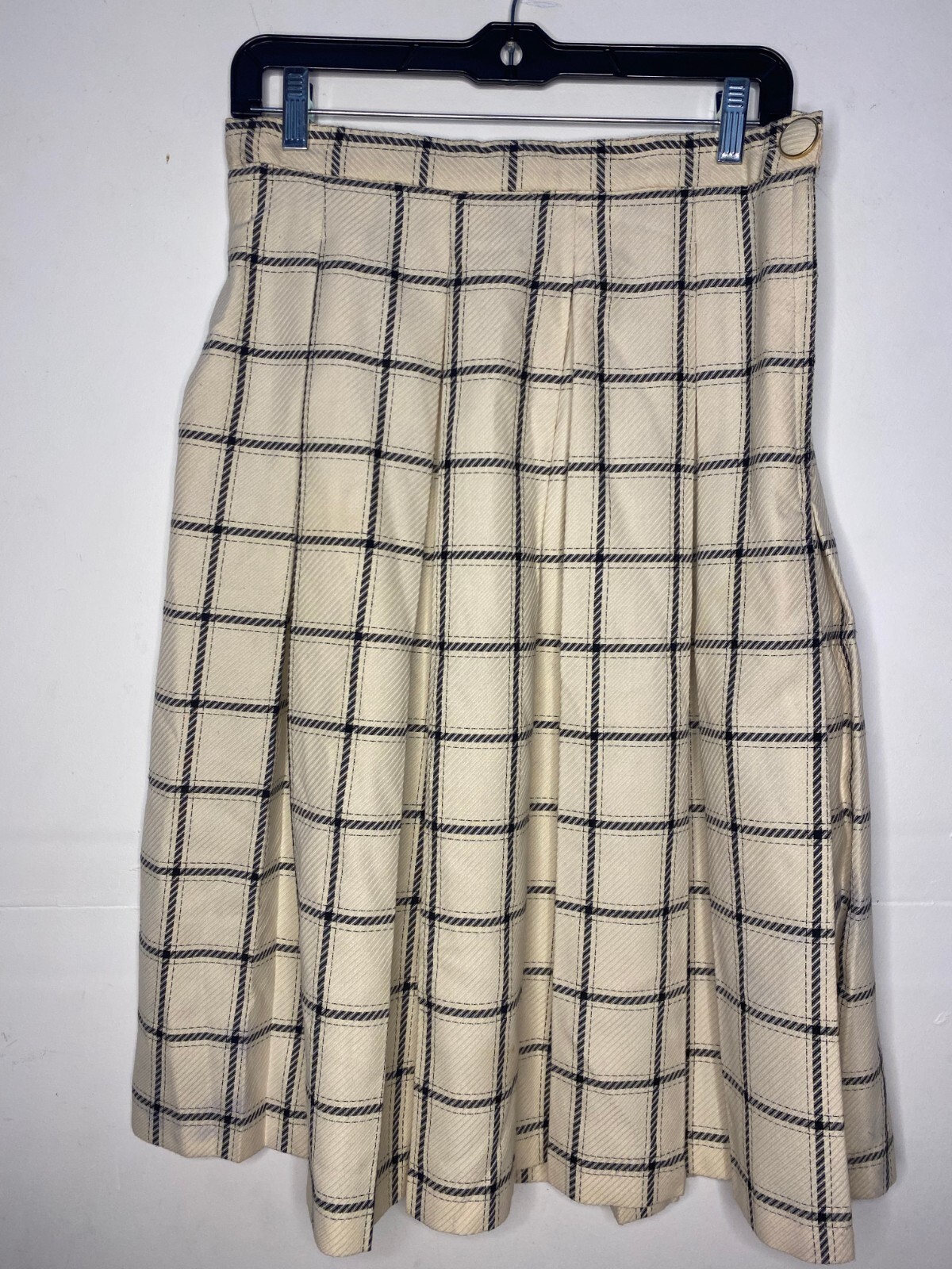 Vintage 1980s Reno Australia Cream and Blue Pleated Knee Length Skirt Sz S/M
