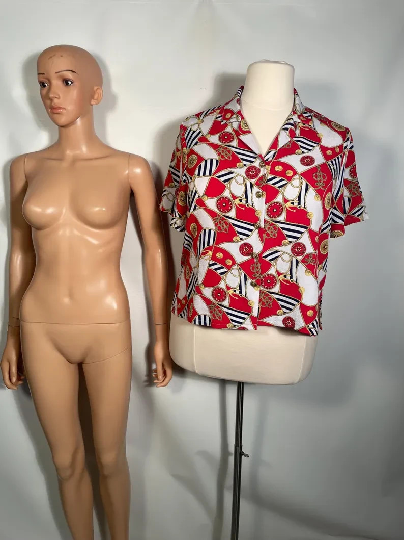 Vintage 80s/90s Plus Size Nautical Rope And Anchor Print Blouse Size XL/2XL
