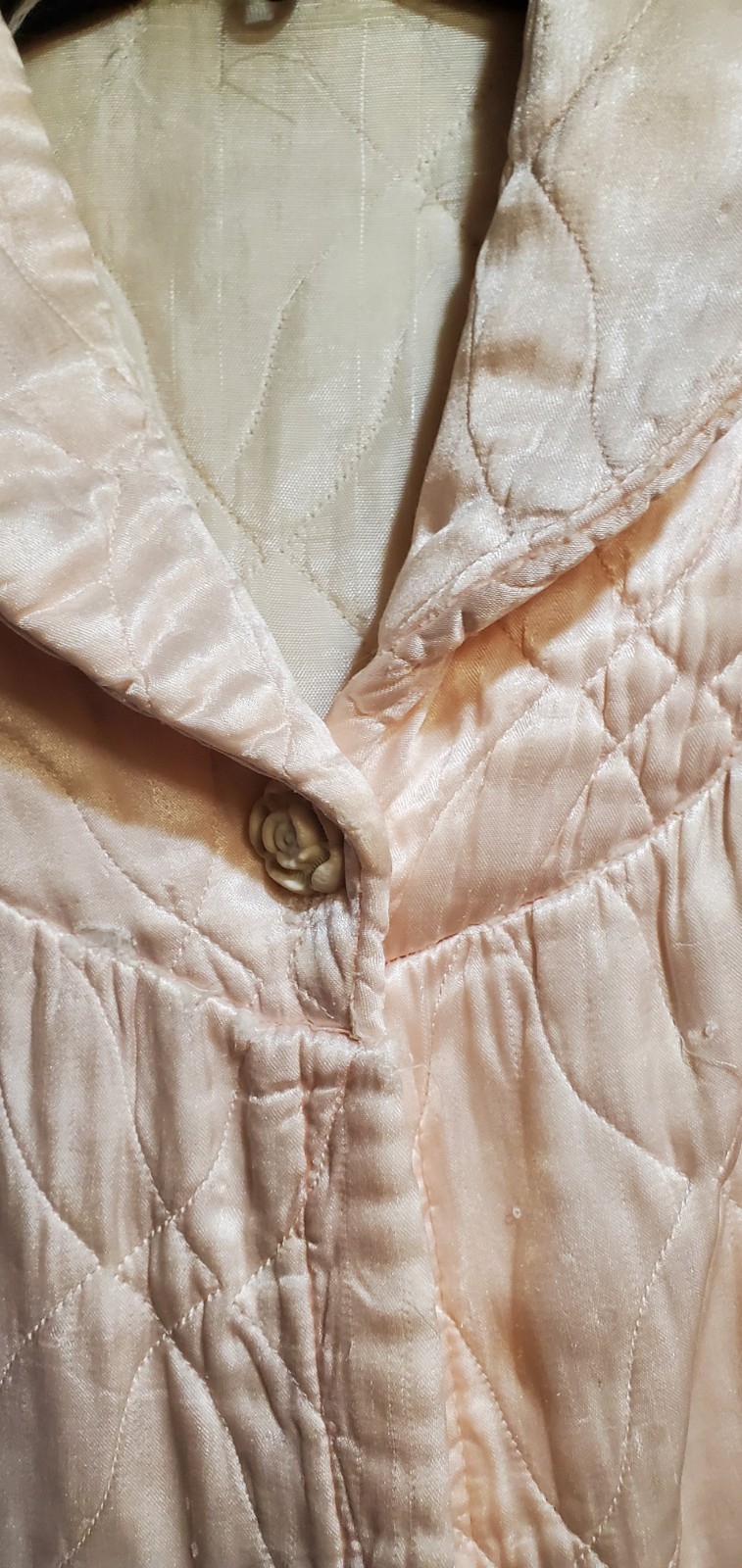 Vintage 40s-50s Pink Satin Quilted Bed Jacket 3/4 sleeve One Rosette Button sz S