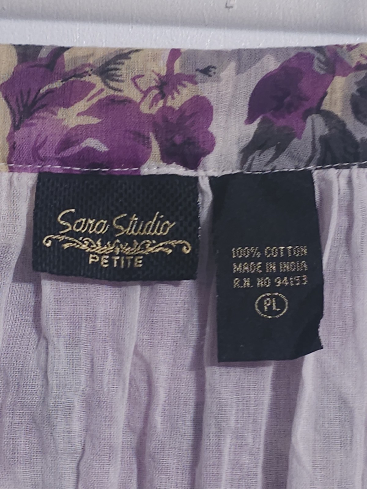 Vintage 90s Sara Studio Petite Floral Skirt PL Purple Roses Cotton Crochet Hem