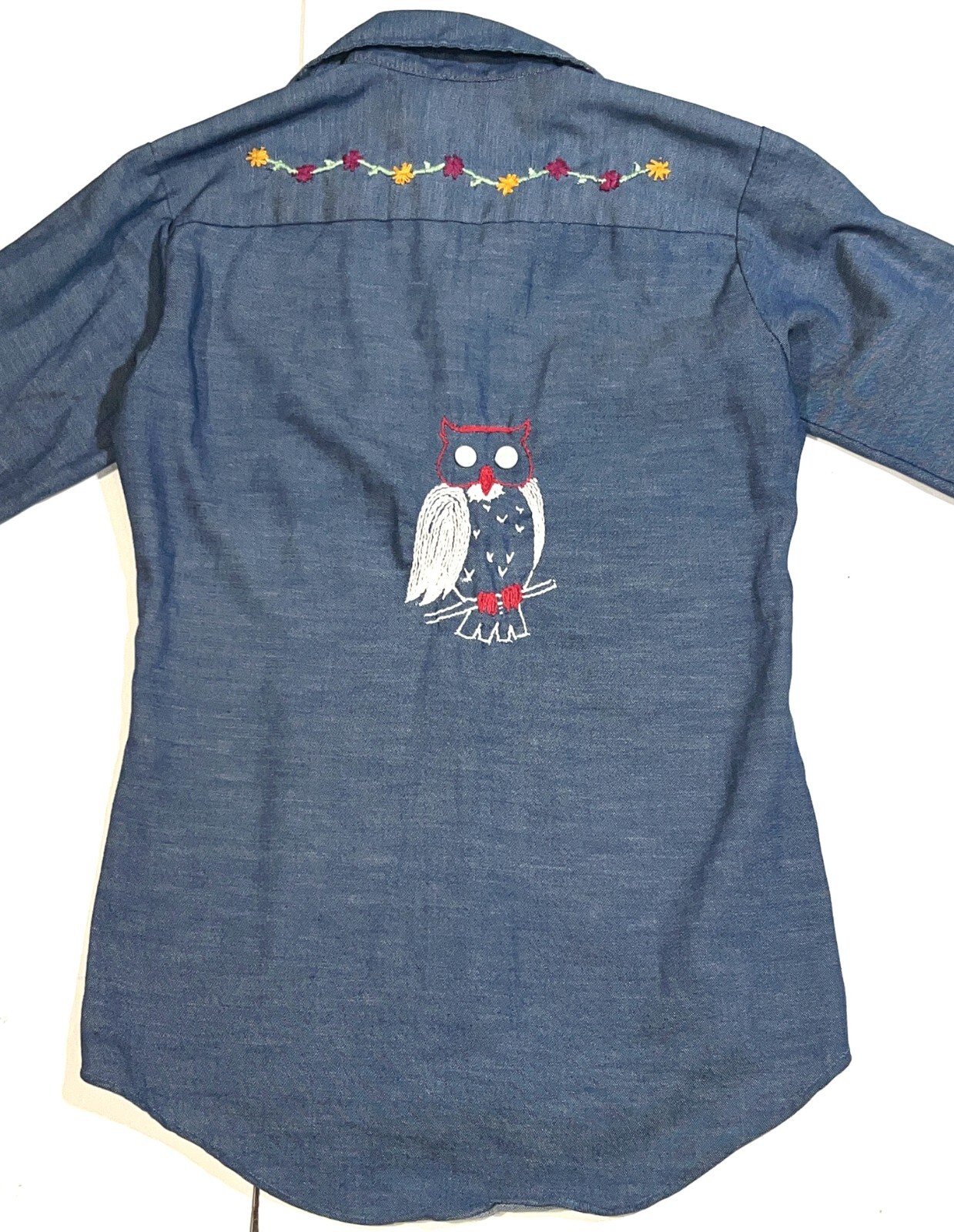 Wrangler VTG 70s Chambray Selvedge Denim Jean Embroidered Shirt Top XS/S/M