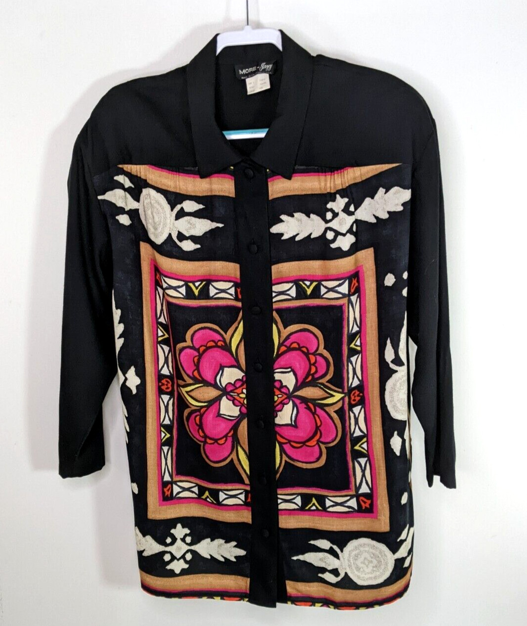 Vintage 90s Floral Blouse Black Pink Stained Glass Look Black Brown Womens L XL