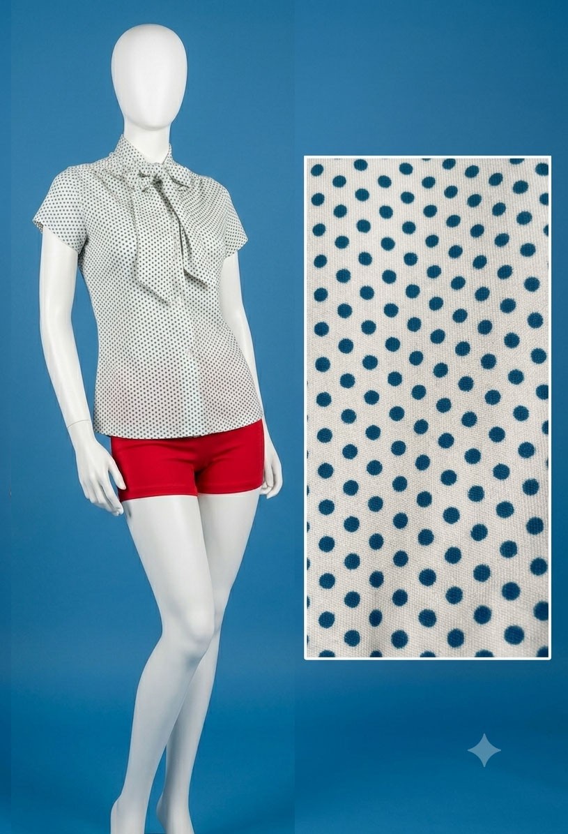 Vintage 1970’s Blue Polka Dot Blouse With Collar Tie Size S