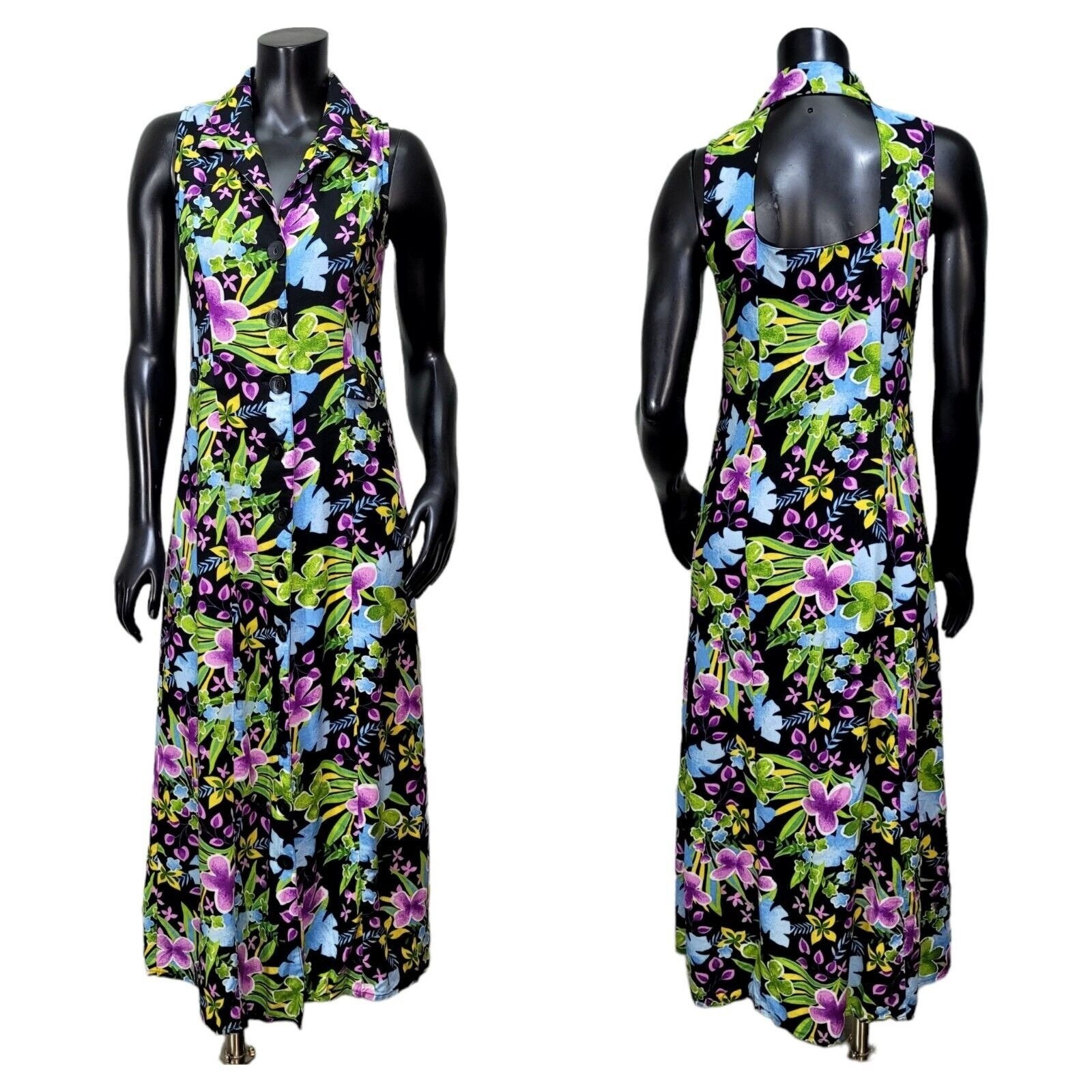 Notations Tropical Floral Rayon Halter Maxi Dress Y2K Resort Tiki Size 6
