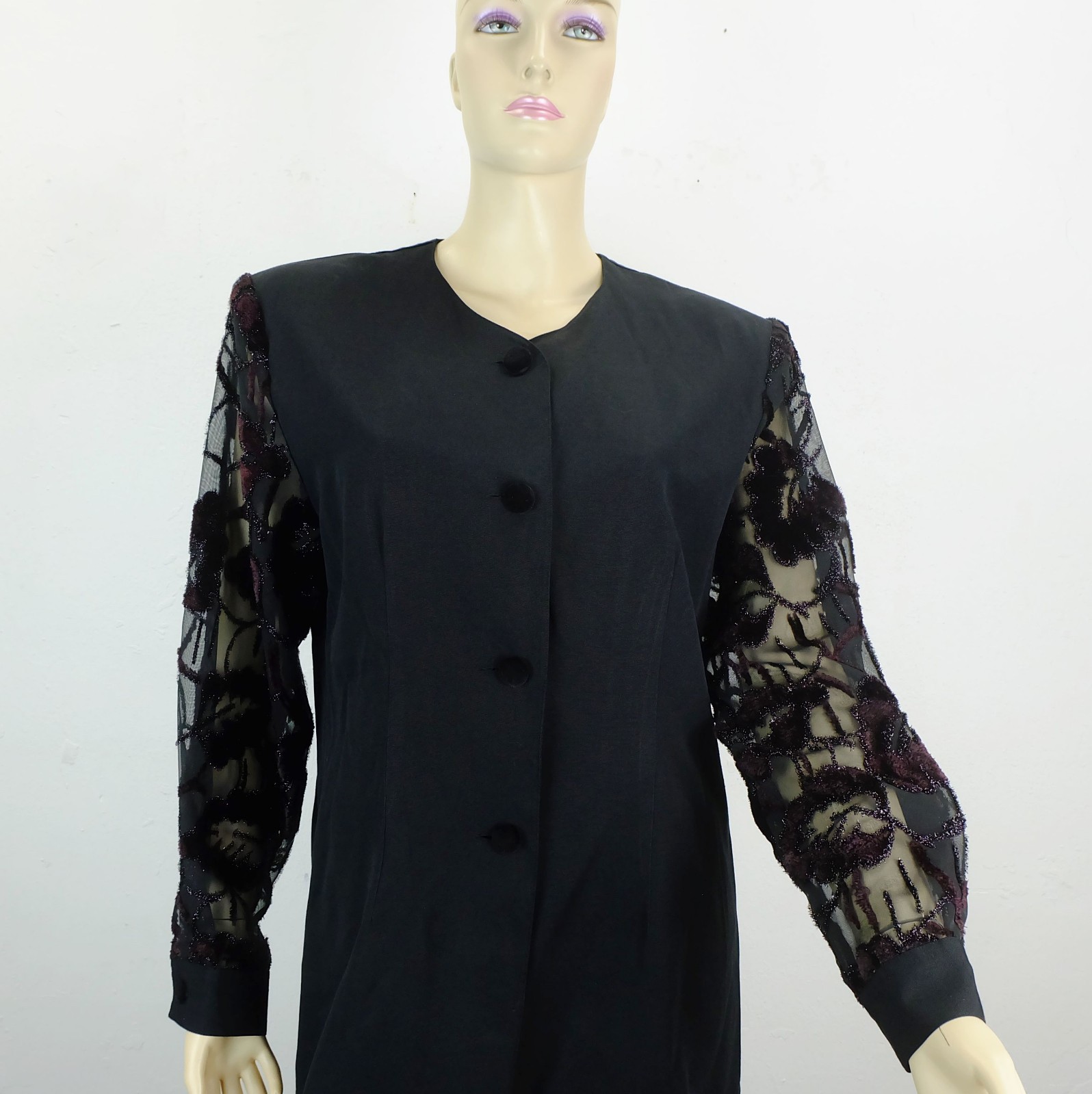 vintage 1980s blouse by yessica black fabric sheer sleeves size M