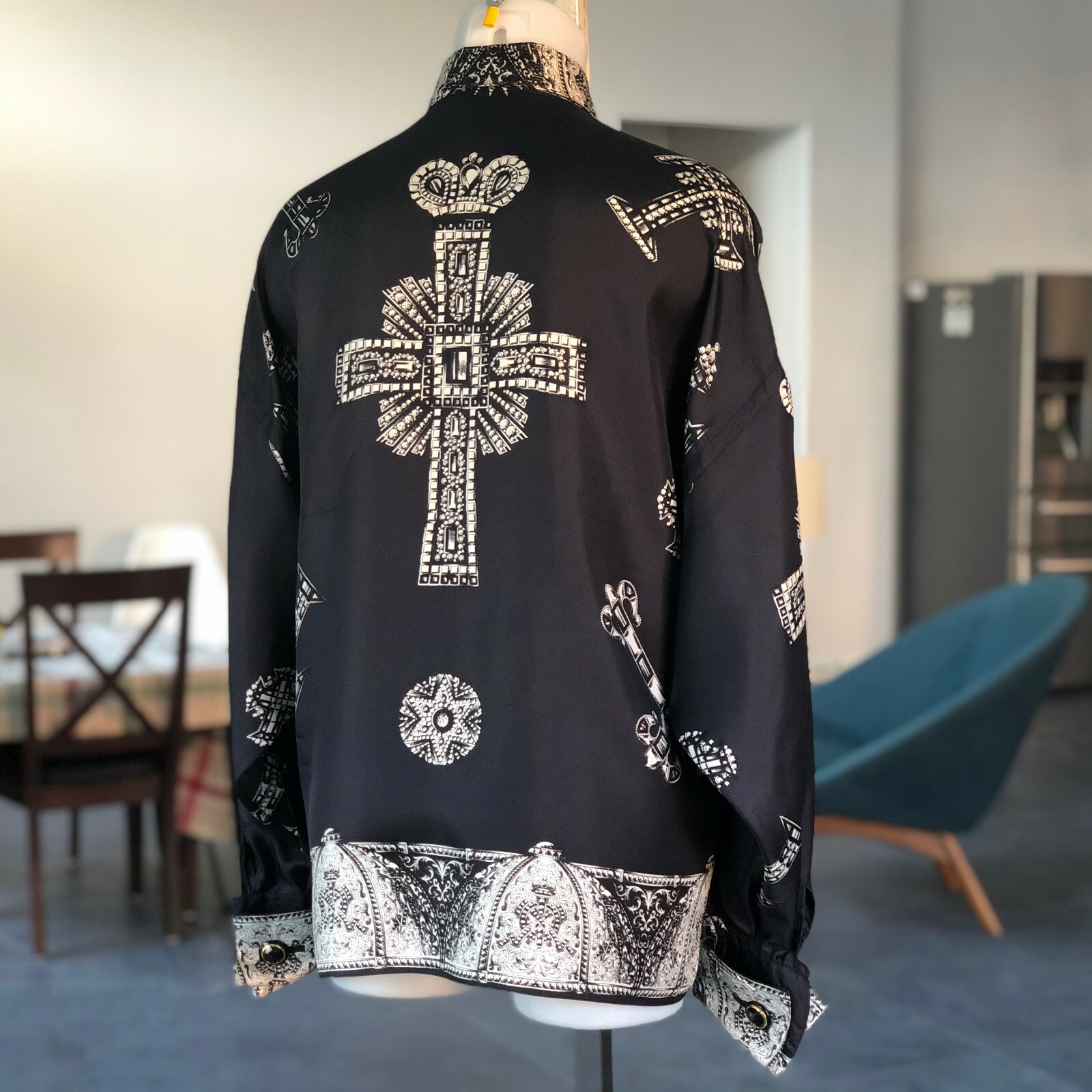 GIANNI VERSACE silk shirt w/ french cuffs Le Croci print size 42 F/W 1991/92
