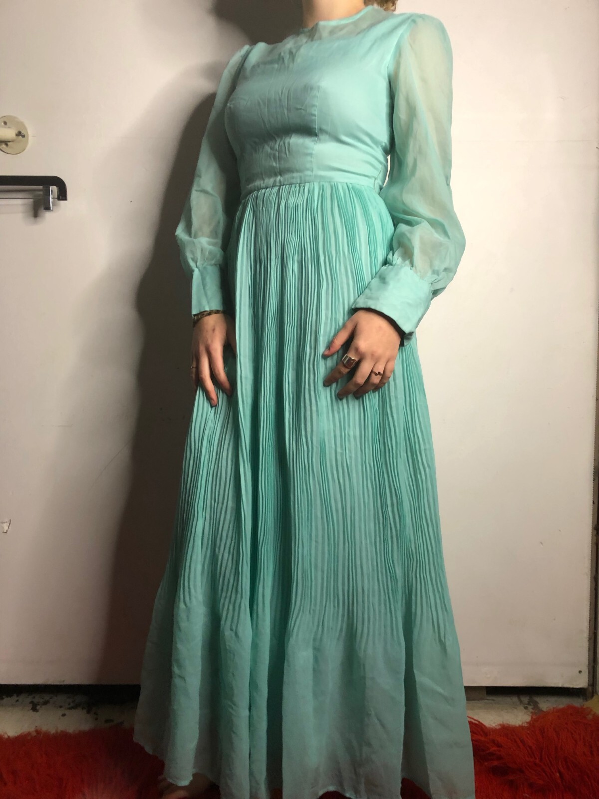 Vintage 1980s Teal Blue Kaftan Dress Chiffon Sleeves Prairie Boho AU 14 16