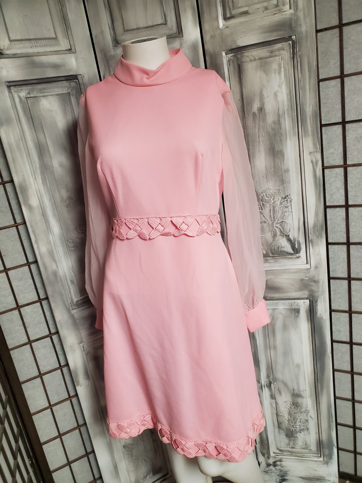 S Vtg 60s Textured Dress Mod Scooter Go Go Babydoll Chiffon Sheer Sleeve Crochet