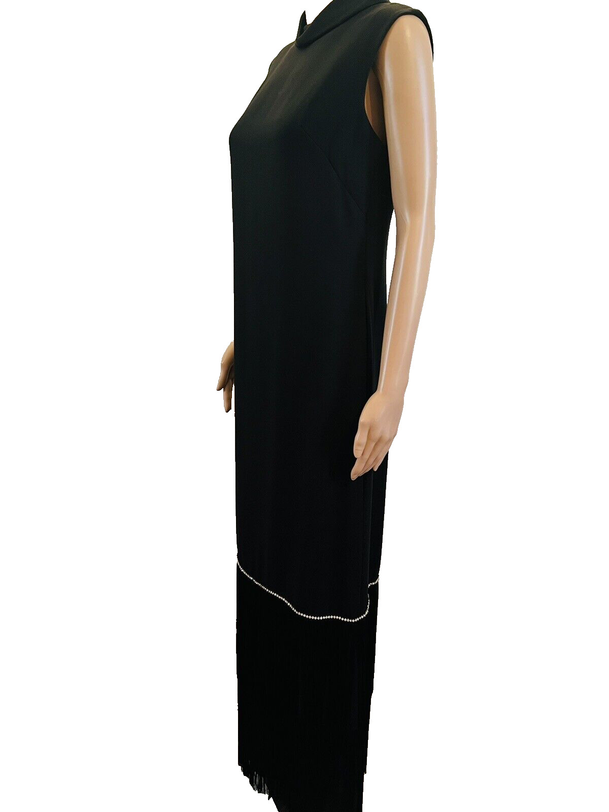 VTG 1960s Pavillon Design Black Evening Gown Maxi Dress Fringe & Rhinestones M*
