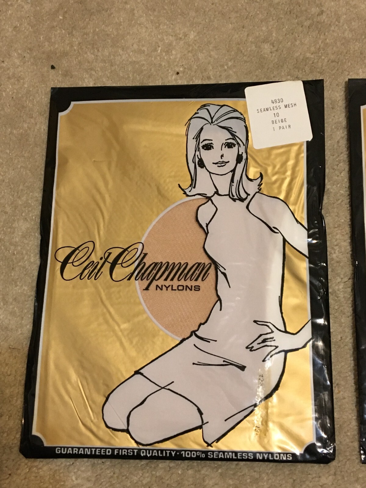 2pr Vtg 1960s Ceil Chapman Reinforced Heel Toe Seamless Mesh Stockings 10 Beige