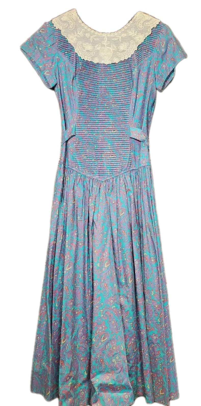VTG Donna Morgan Non Stop 80s Cottagecore Bib Dress Cotton Paisley Lace Size 6*