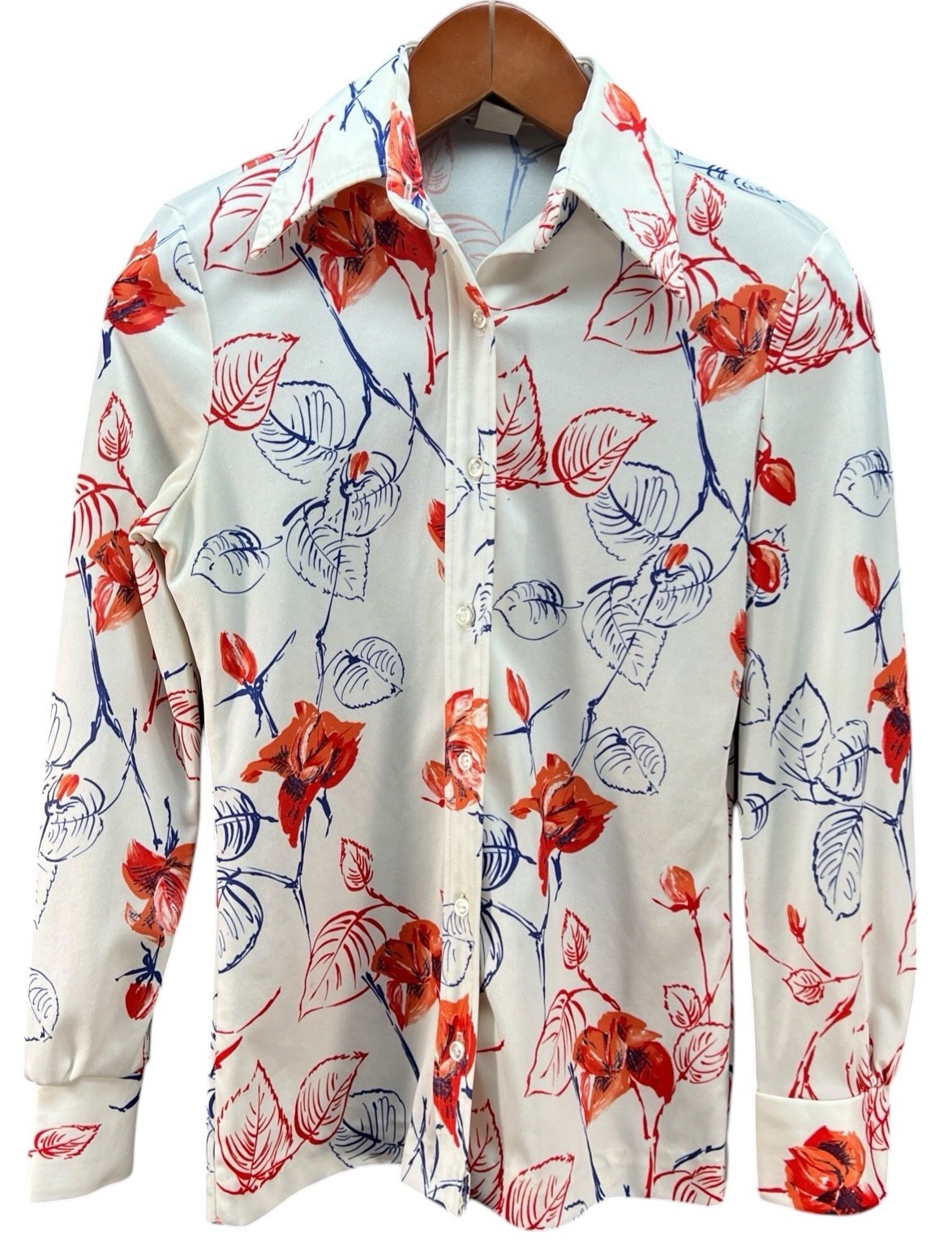 70s Vintage Floral Rose Button Up Blouse Retro Disco Mod Red White Top Dagger