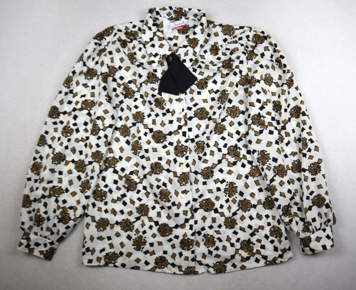Vintage Women’s Bouse Size 12 White Black Gold Long Sleeve JONQUIL JUDY BOND
