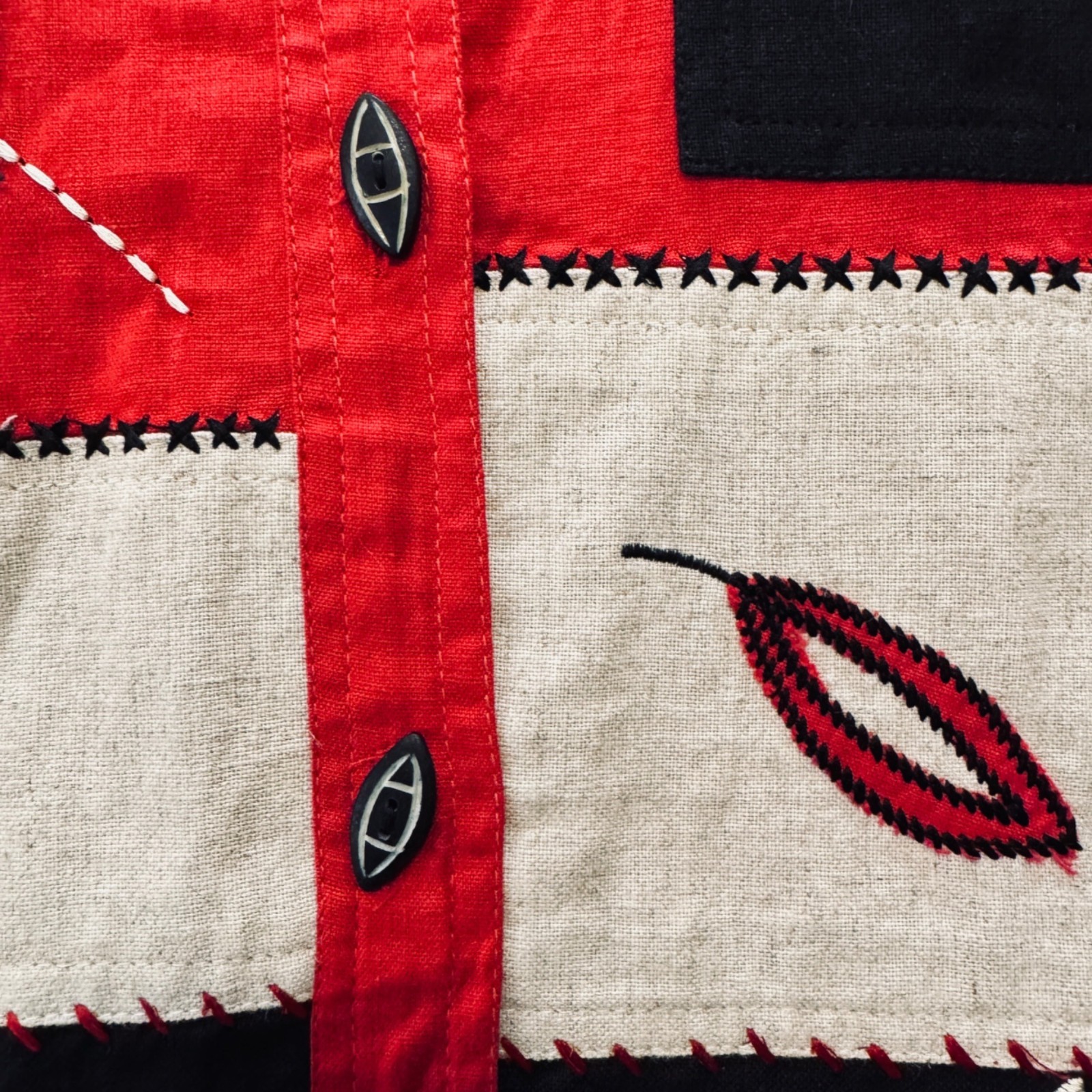 Vintage 90s Linen Blend Top S Color Block Black Red Applique Grannycore Artsy
