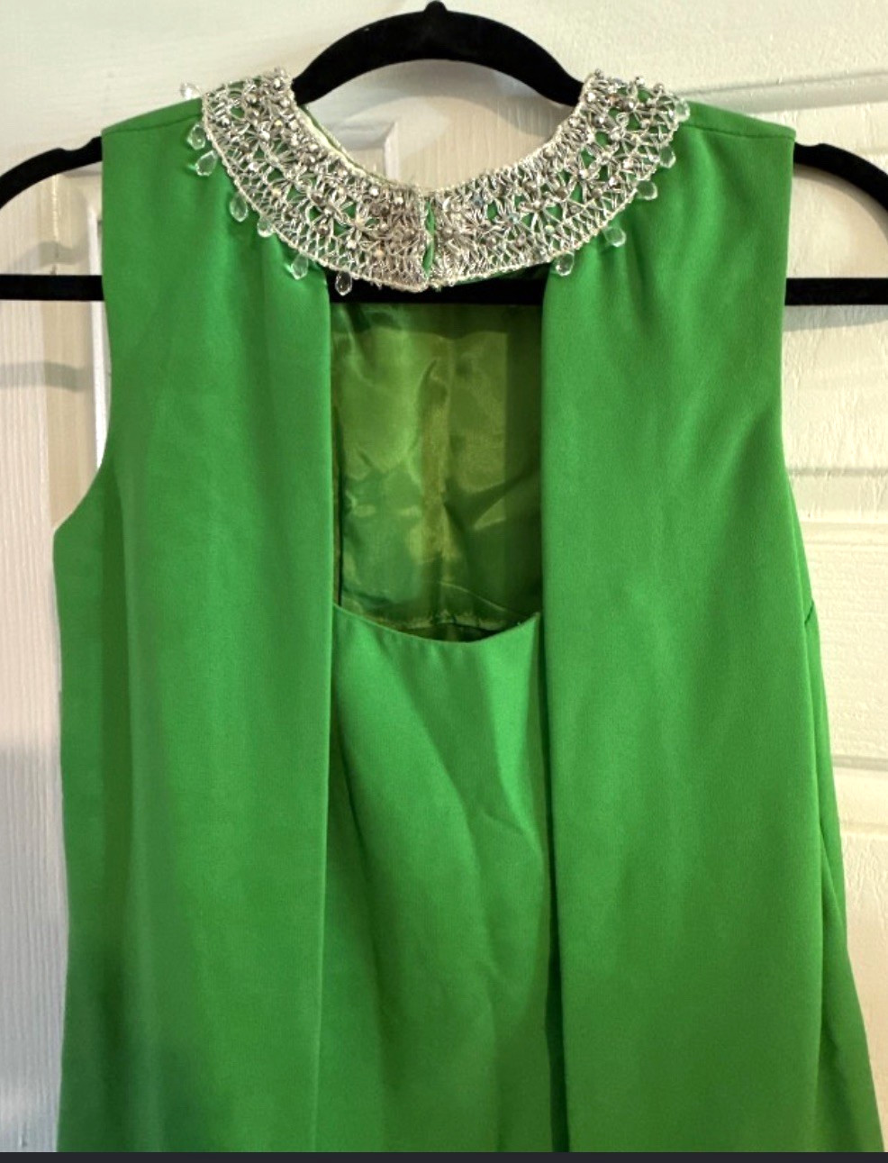 Vintage 1960s Cape Back Mod Shift Dress Rhinestone Collar ILGWU Union Made Green