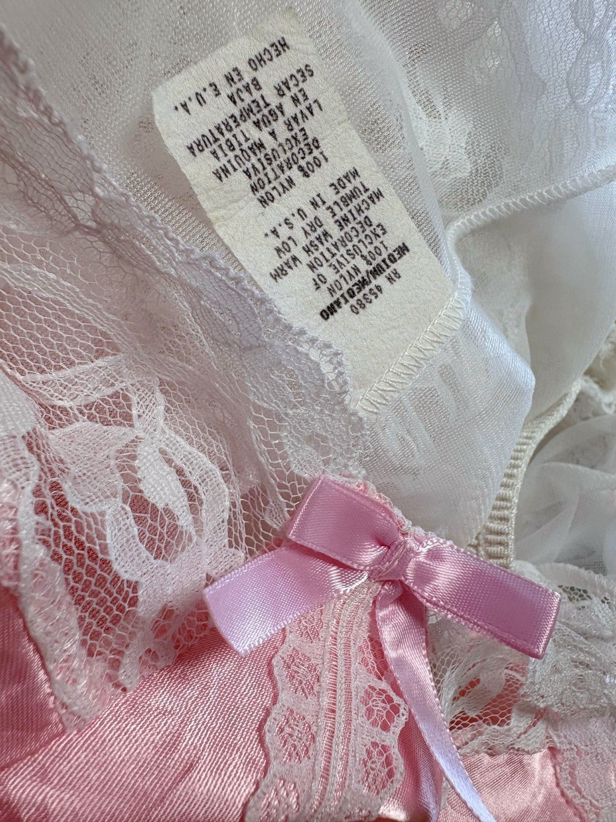 Vintage 80s Lace Pink White Lingerie Teddy Nightgown Romper Bodysuit USA Kawaii