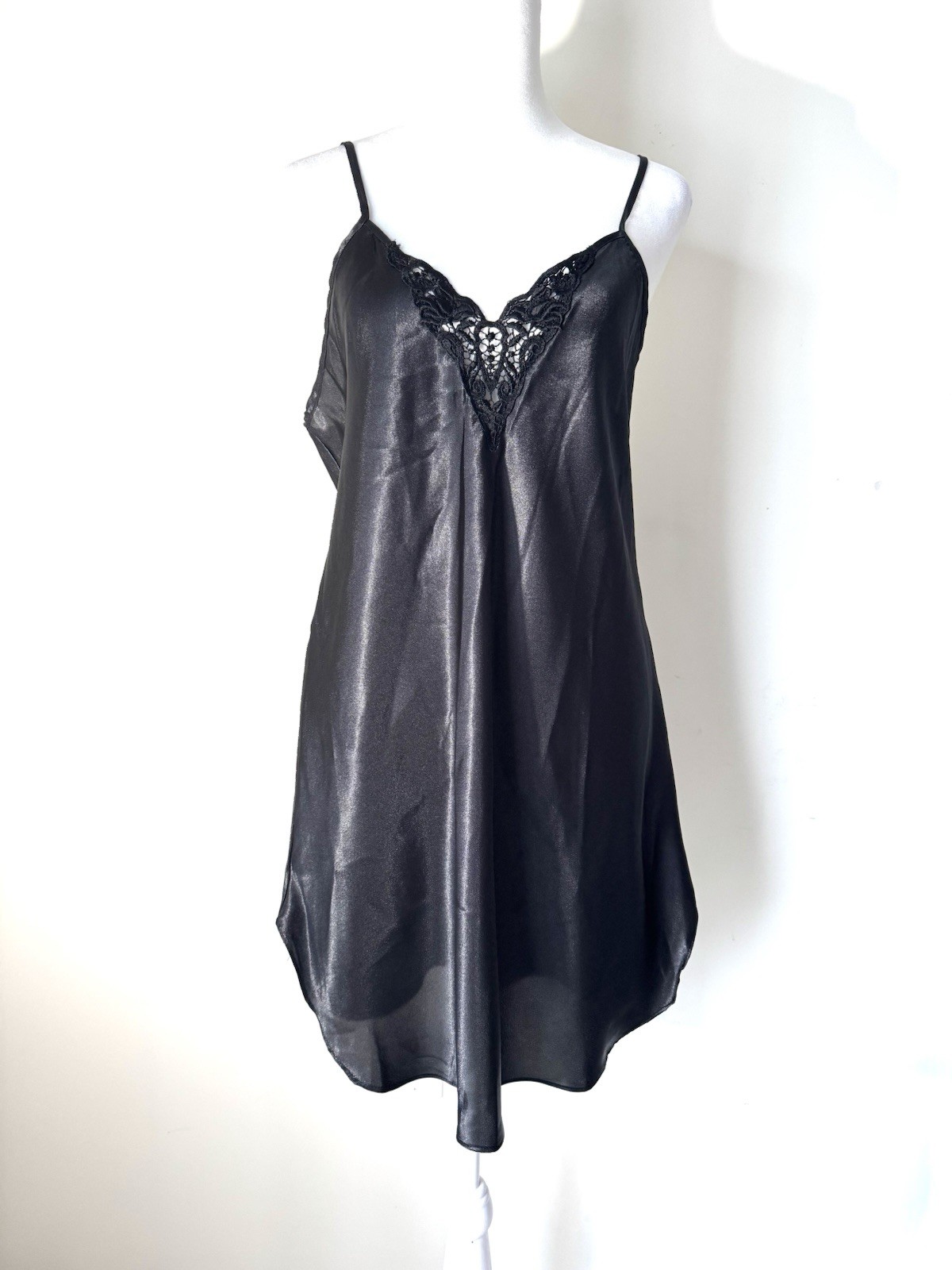 Intimate Affair Vintage Black Satin & Lace Slip Dress Sz M Chemise Lingerie USA