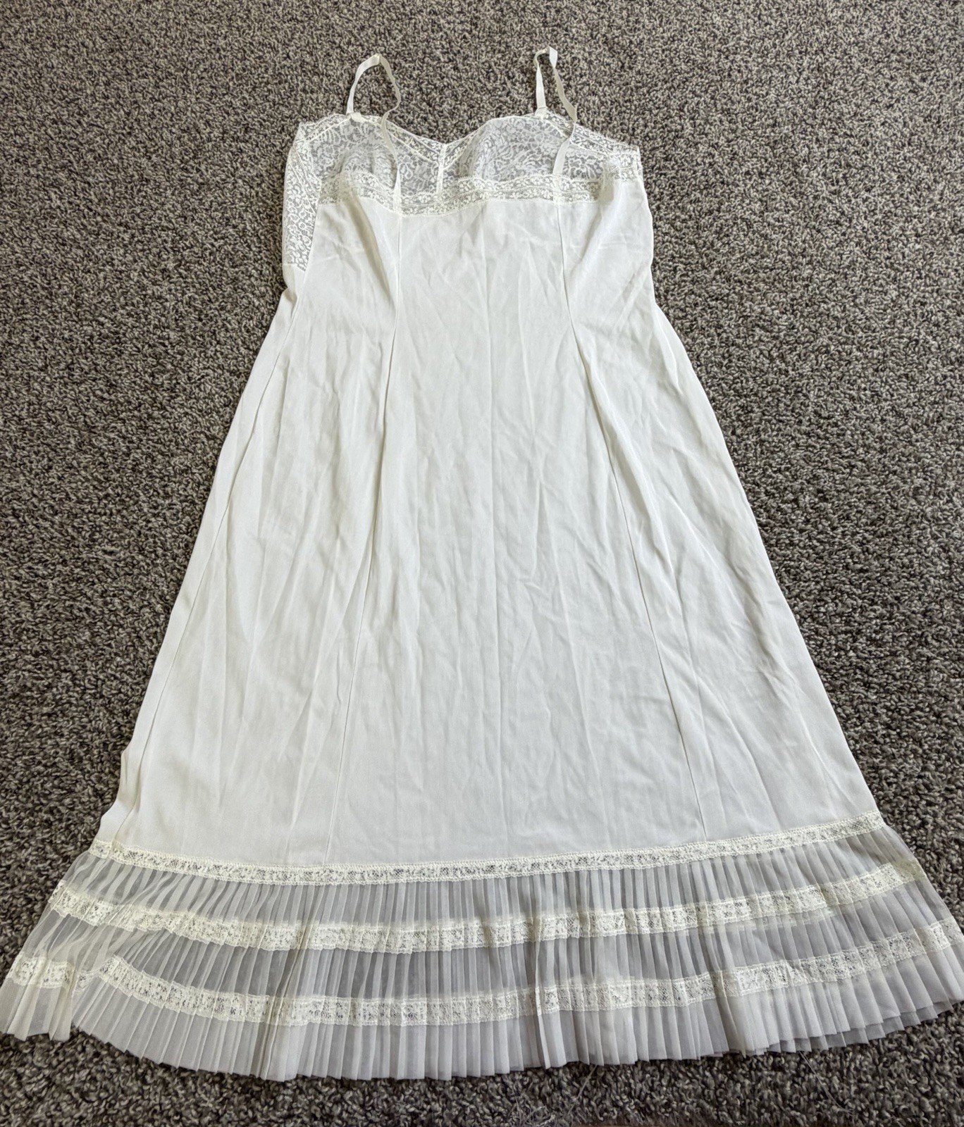 VTG Ivory Lace Slip Dress Size 36 Pleated Ruffle Hem Nylon Bridal Midi Made USA
