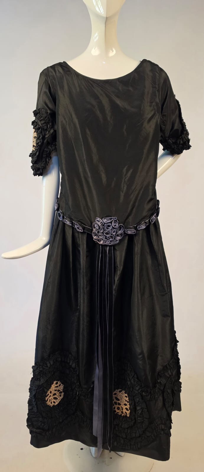 EDWARDIAN TEENS BLACK SILK TAFFETA DRESS W SILK ROSETTES + RUFFLE EYELET ROUNDS