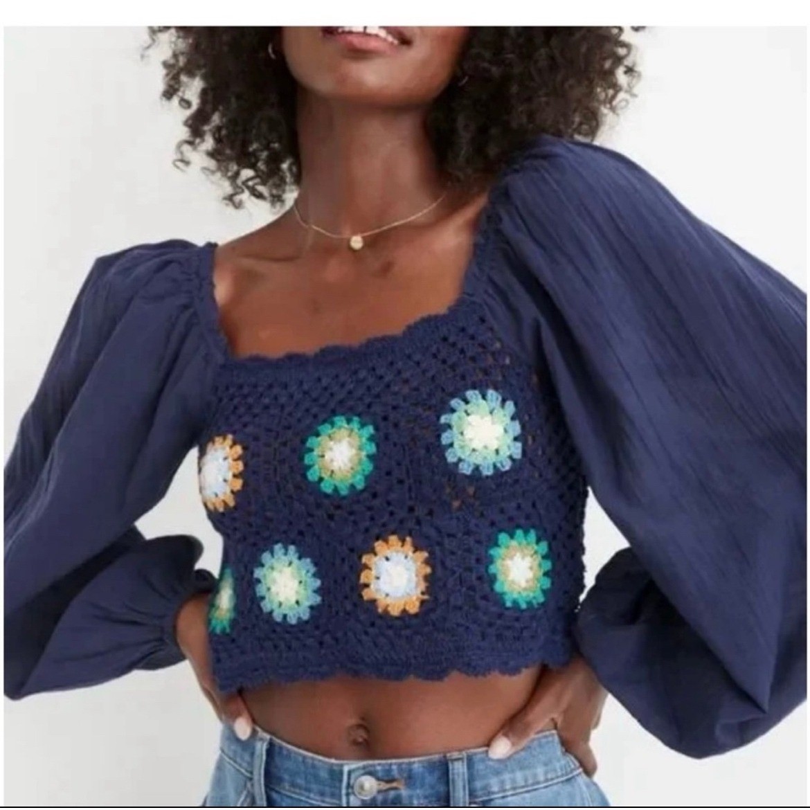Aerie Crochet Granny Square Crop Top Navy Blue Balloon Sleeve Small Boho NWT