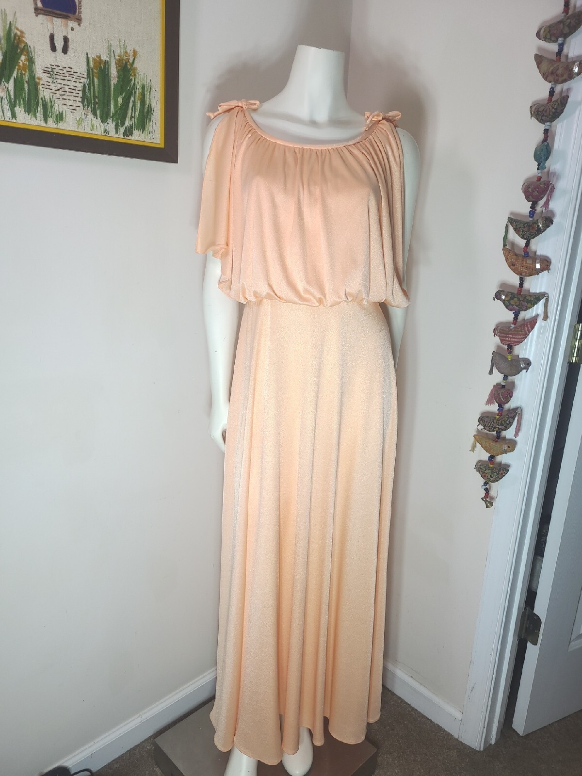 Vintage 70s Grecian Maxi Dress Womens 11/12 Draped Apricot Peach Cottage EASTER