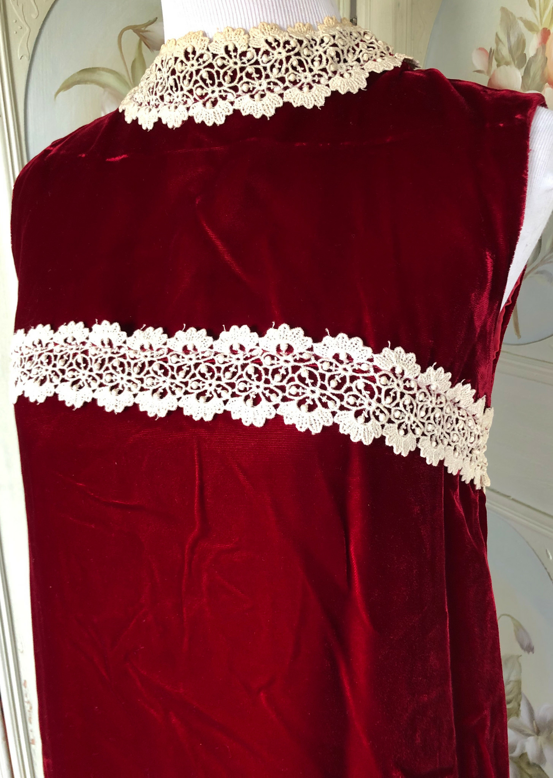 VTG 60s RUBY BLOOD RED VELVET IVORY LACE MAXI DRESS SLEEVELESS BOHO HIPPIE EUC