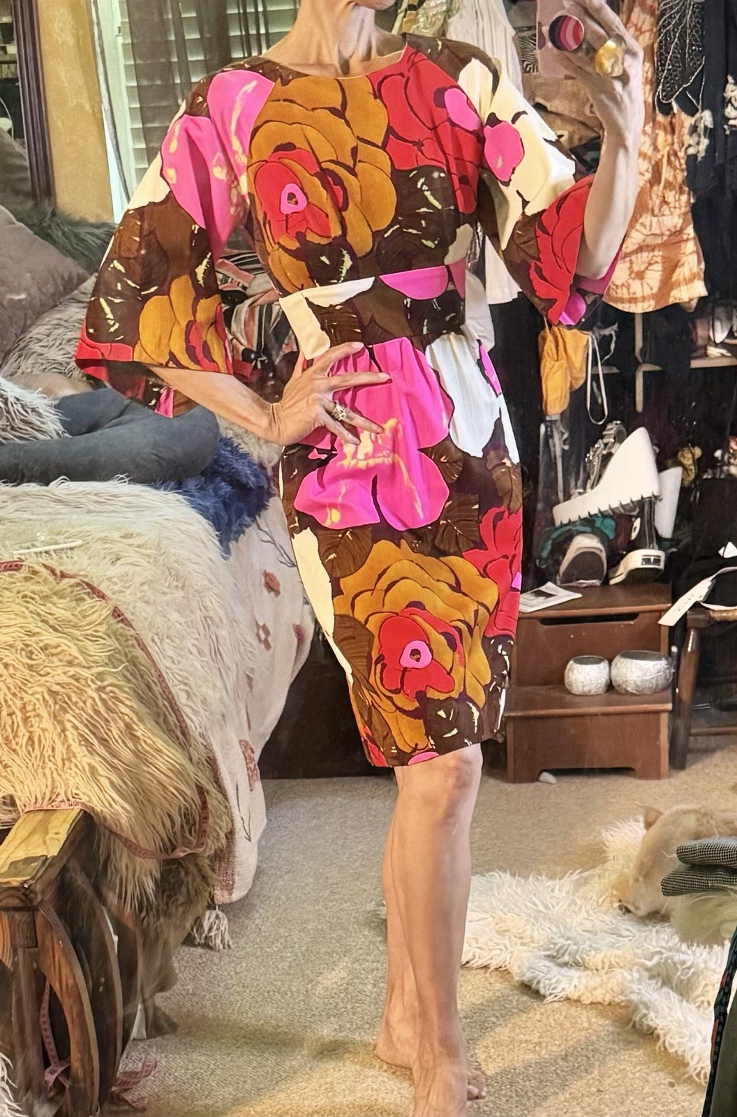 Vtg Kahala Hawaii Broadcloth Fit Flare Kimono Sleeve 3/4 Princess Dress Pop Art