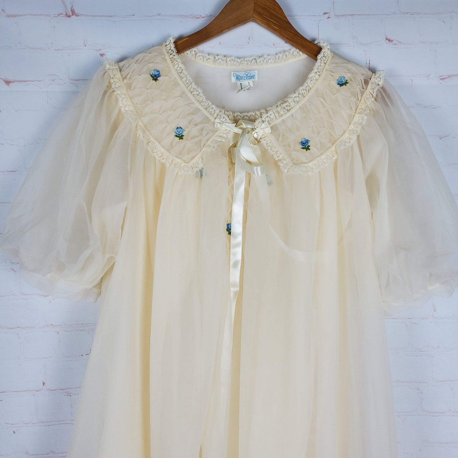 Vintage 1950’s-60’s Miss Elaine Peignoir Nightgown Set Sz L Beige Nylon Chiffon