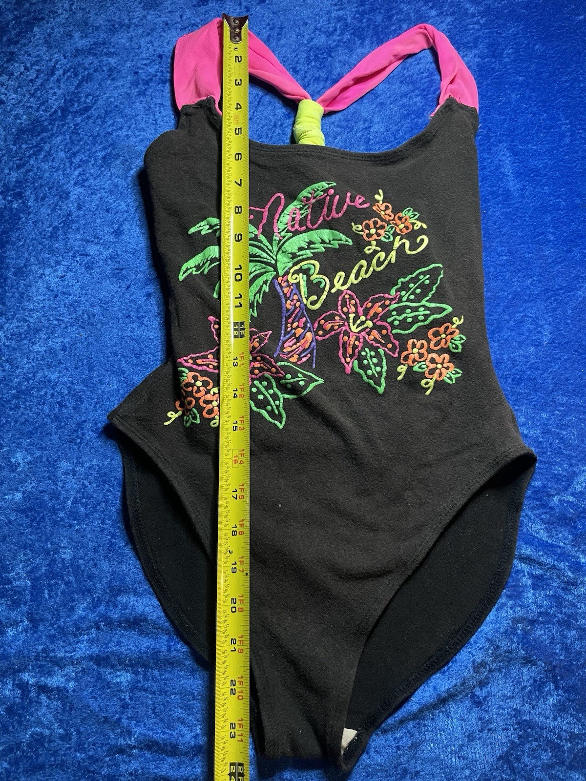 Vintage 80s 90s Native Beach Swimsuit Puff Paint Neon Pink Black Cotton Blend