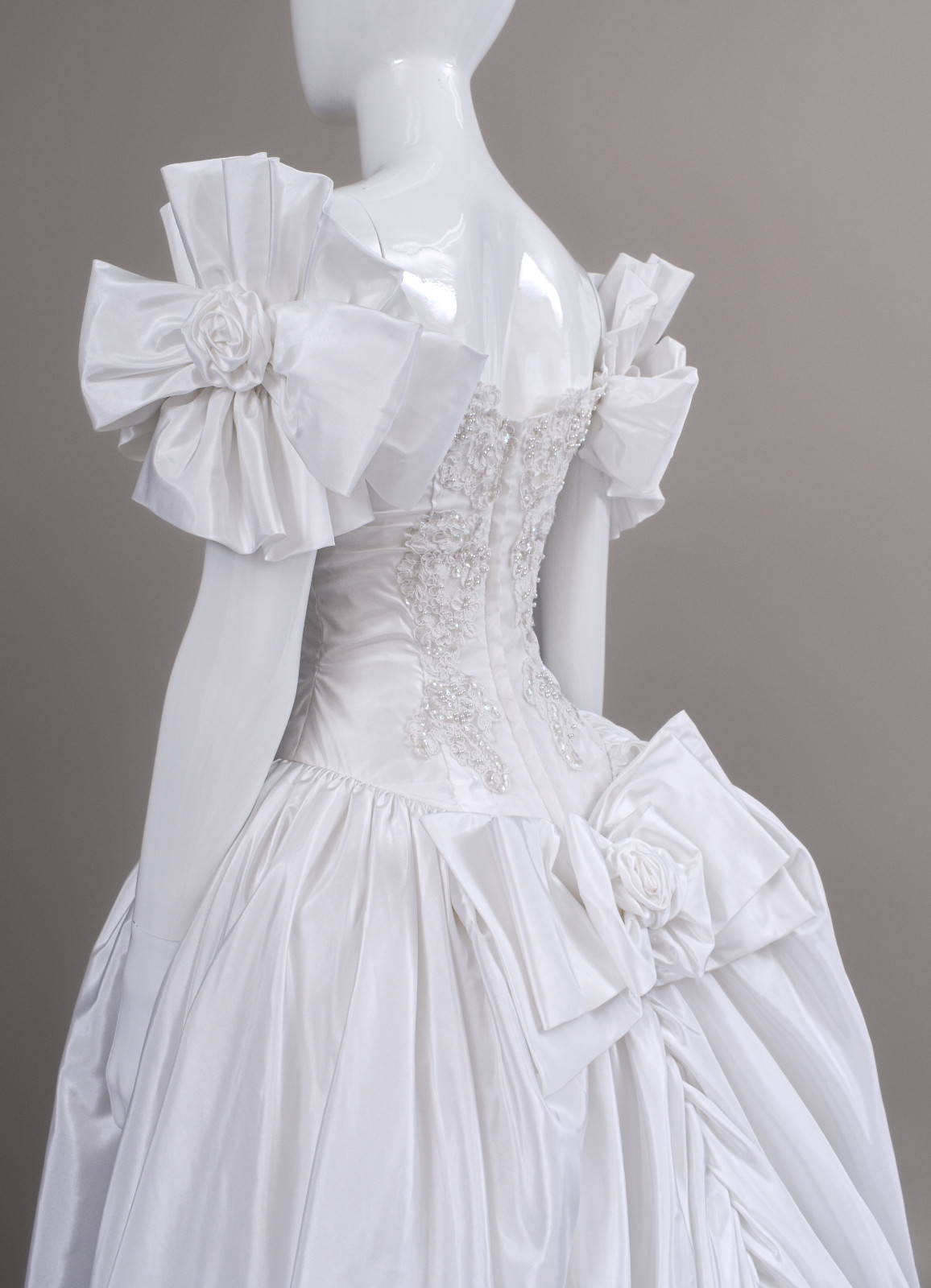 1990s Off-The-Shoulder Beaded Taffeta Satin Wedding Dress, W/Cathedral Train 2/4