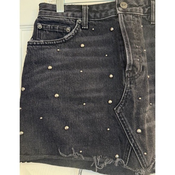 Reformation Black Denim Mini Skirt Sz 28 Pacific Wash Studs Goth Festival EUC