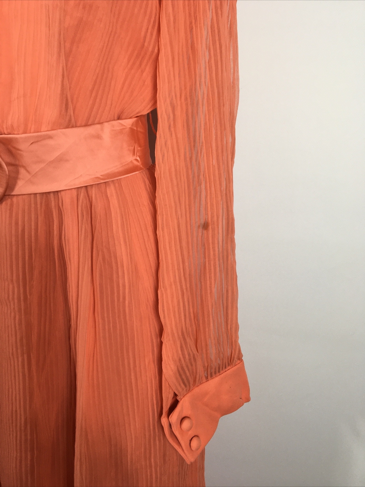 Miss Elliette Coral Illusion Sleeve High Collar Pleated Vtg 60’s Gown Dress