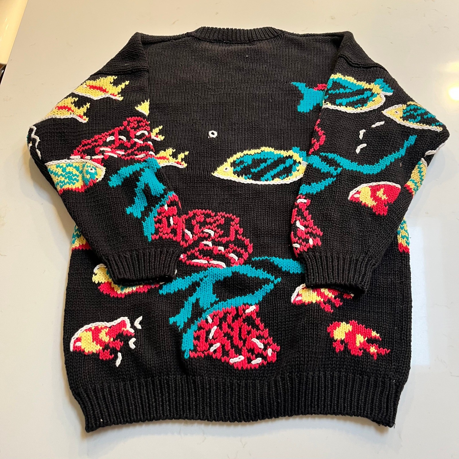 Cape Isle Knitters Vintage Tropical Fish Coral Reef Black Ramie Cotton Sweater L