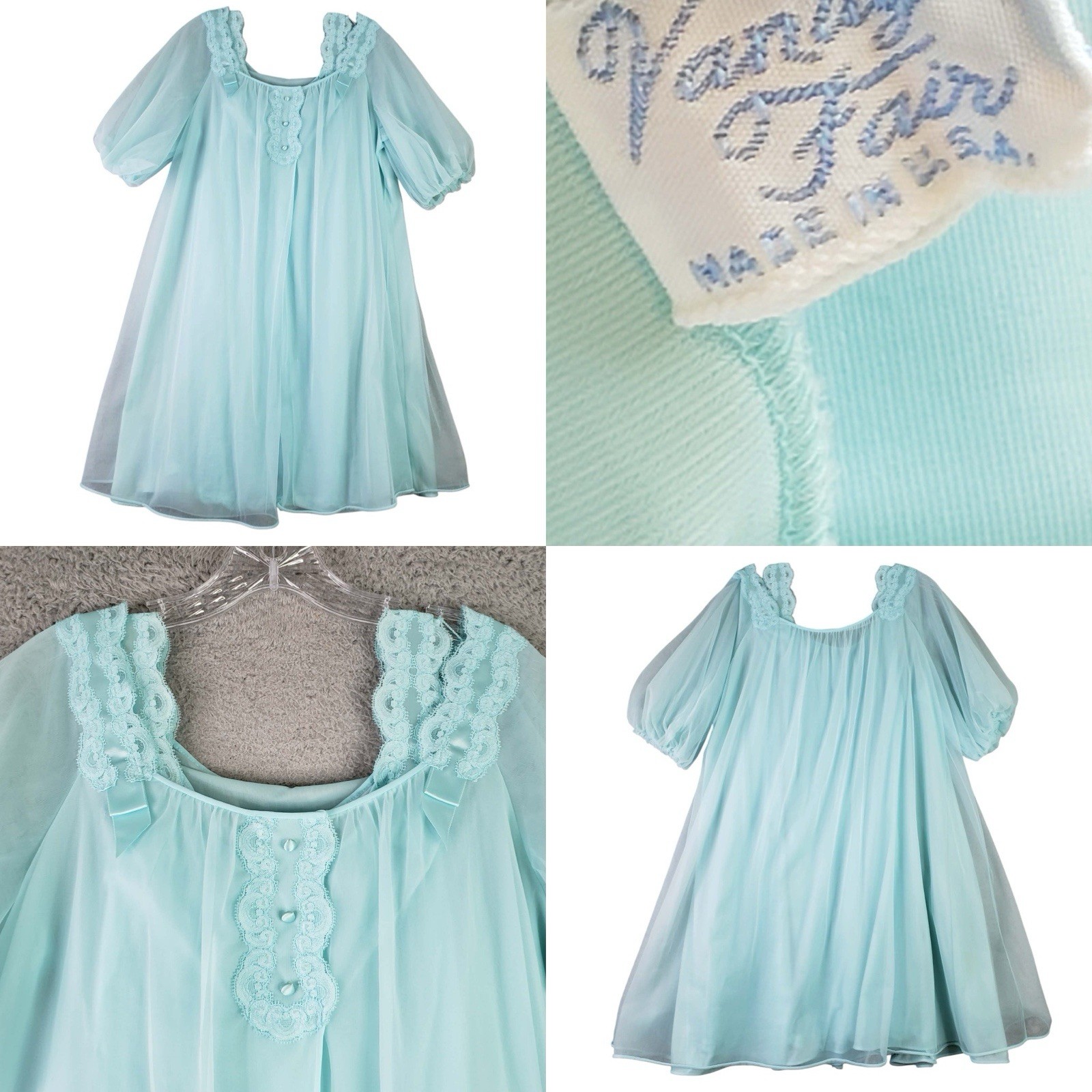 Vanity Fair Vtg Sheer Midi Nightgown Robe Peignoir Set Small Blue Double Chiffon