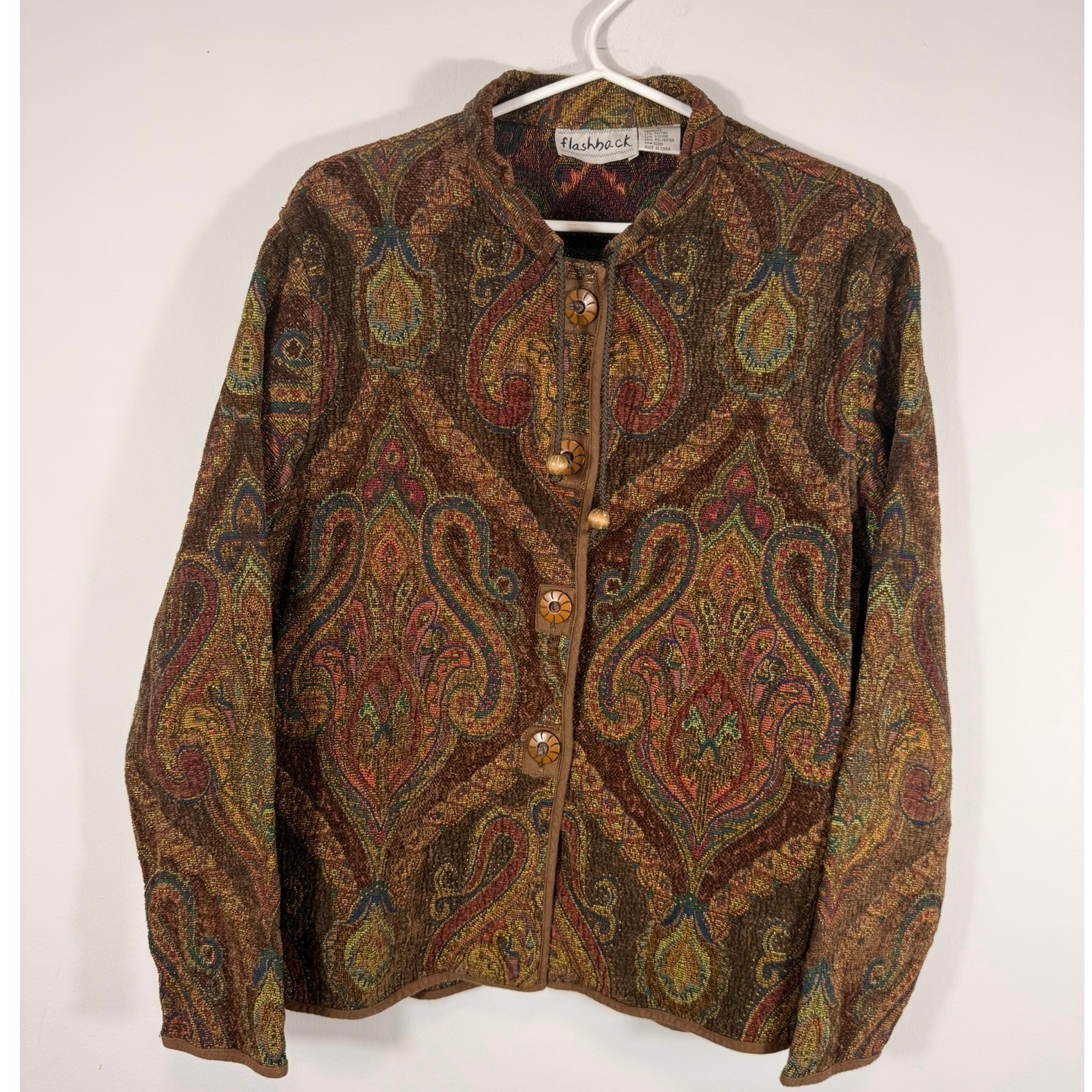 Flashback Vintage Tapestry Paisley Jacket Brown Boho Toggle Button Coat Large